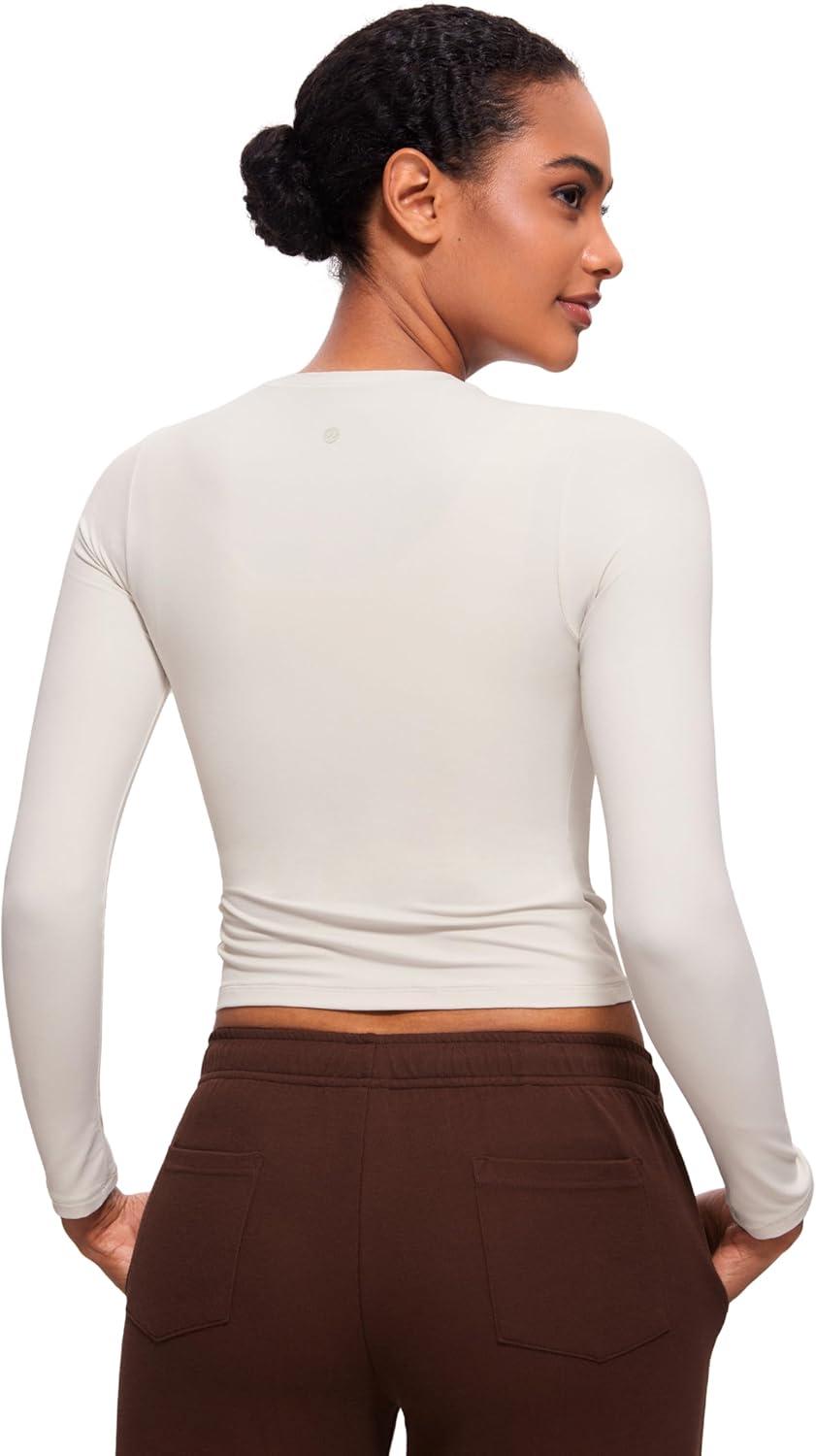 imageCRZ YOGA Softembrace Crewneck Long Sleeve Shirts for Women Casual Going Out Tops Soft Basic Fitted Tight Fall TShirtsMilky White