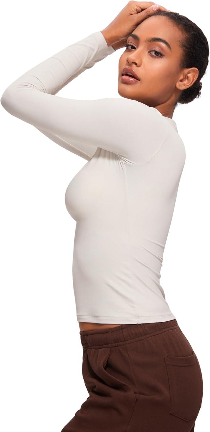 imageCRZ YOGA Softembrace Crewneck Long Sleeve Shirts for Women Casual Going Out Tops Soft Basic Fitted Tight Fall TShirtsMilky White