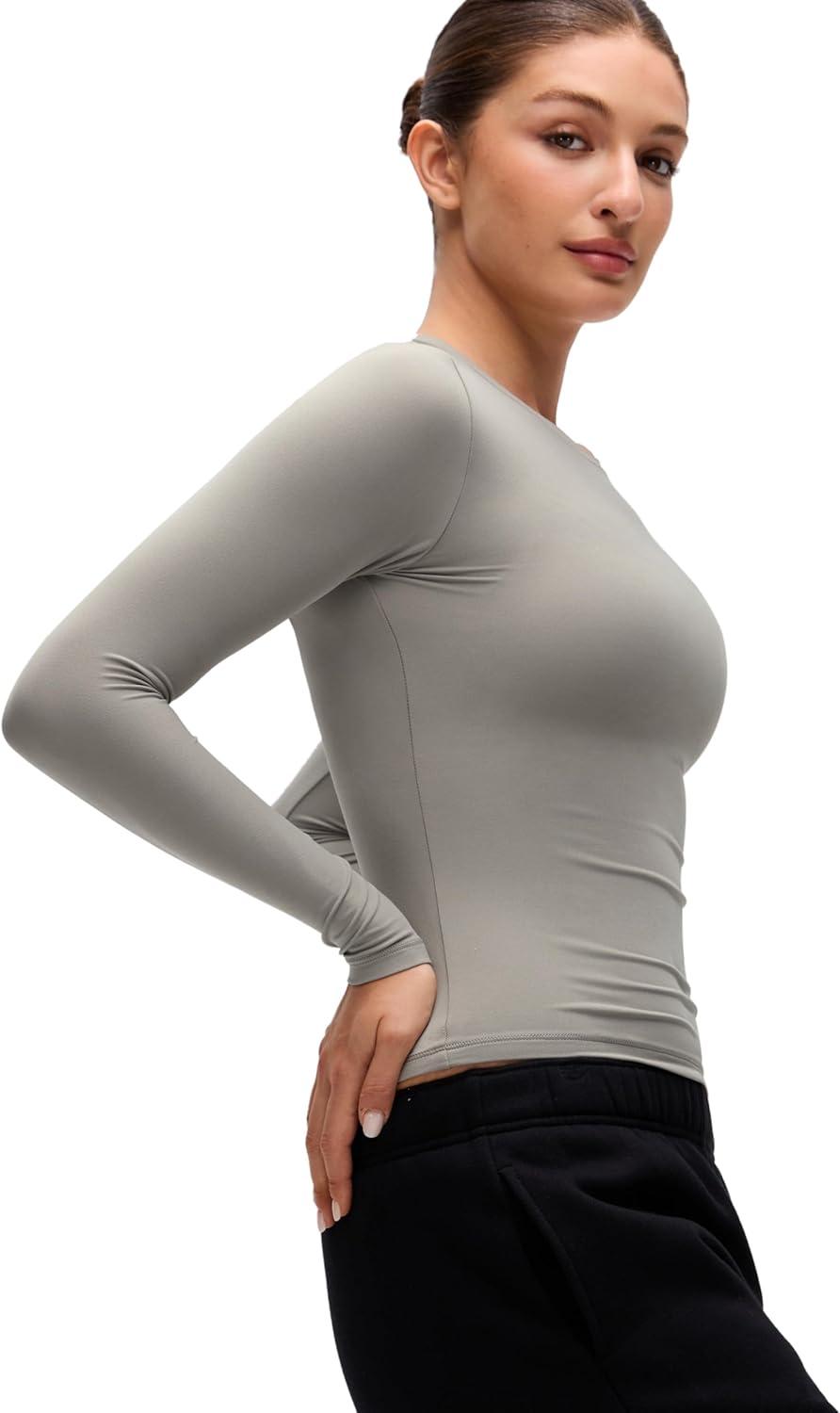 imageCRZ YOGA Softembrace Crewneck Long Sleeve Shirts for Women Casual Going Out Tops Soft Basic Fitted Tight Fall TShirtsRock Grey