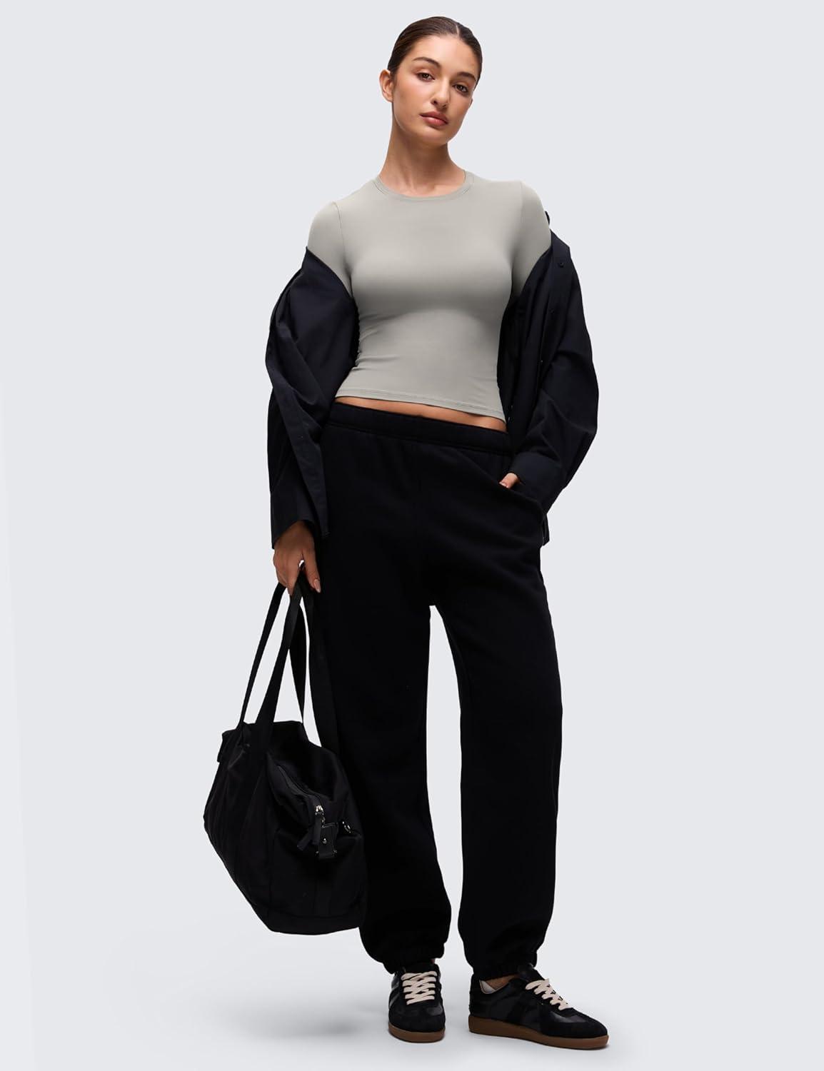 imageCRZ YOGA Softembrace Crewneck Long Sleeve Shirts for Women Casual Going Out Tops Soft Basic Fitted Tight Fall TShirtsRock Grey