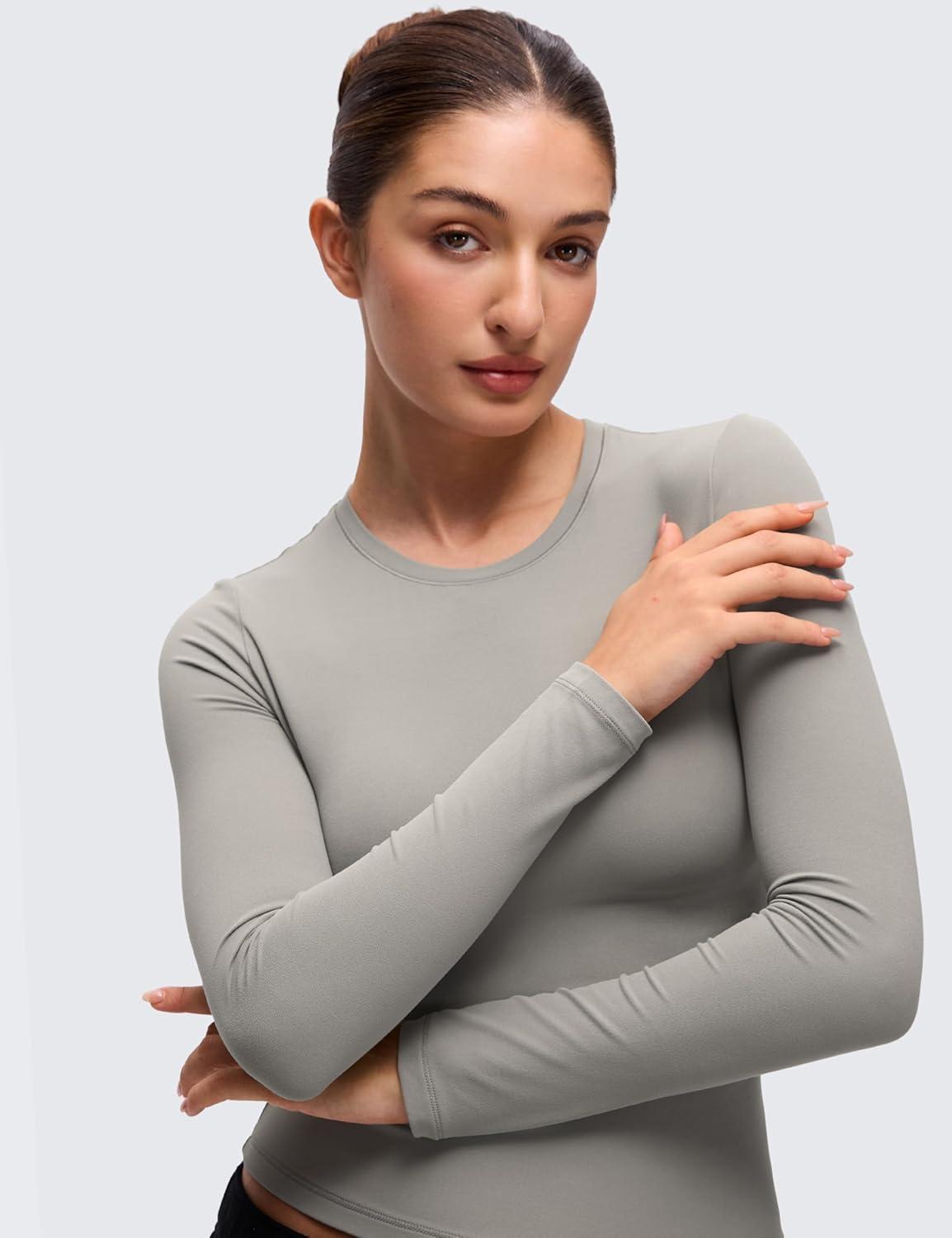 imageCRZ YOGA Softembrace Crewneck Long Sleeve Shirts for Women Casual Going Out Tops Soft Basic Fitted Tight Fall TShirtsRock Grey
