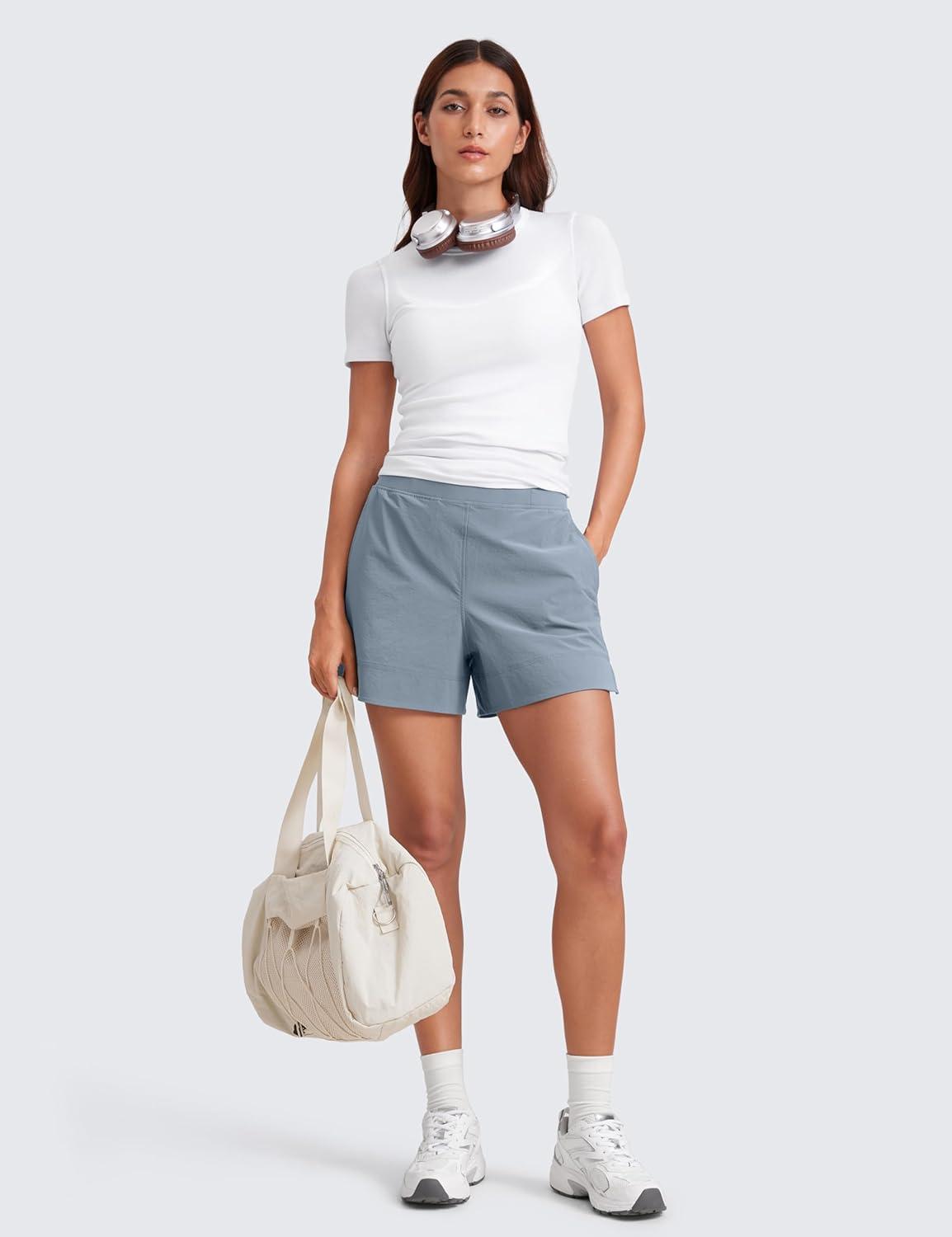 imageCRZ YOGA Stretch Womens Shorts Casual 4quot Linerless High Waisted V Slit for Athletic Hiking Dress Golf with PocketsBelgian Blue