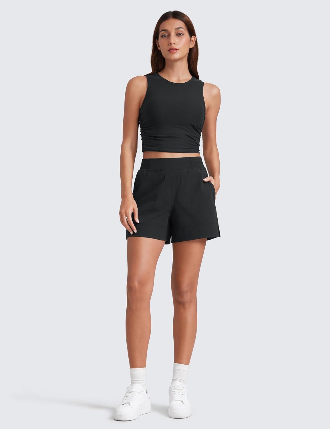 imageCRZ YOGA Stretch Womens Shorts Casual 4quot Linerless High Waisted V Slit for Athletic Hiking Dress Golf with PocketsBlack