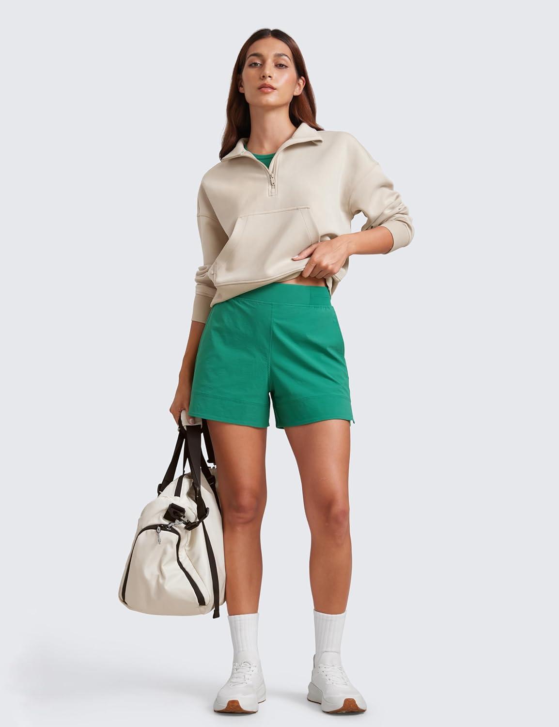 imageCRZ YOGA Stretch Womens Shorts Casual 4quot Linerless High Waisted V Slit for Athletic Hiking Dress Golf with PocketsCascadia Green