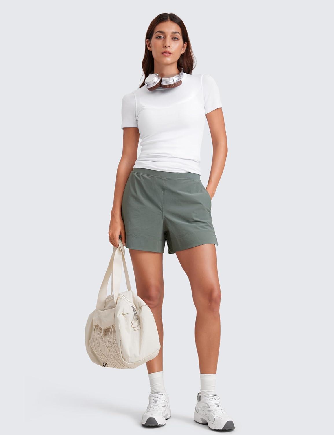 imageCRZ YOGA Stretch Womens Shorts Casual 4quot Linerless High Waisted V Slit for Athletic Hiking Dress Golf with PocketsGrey Sage