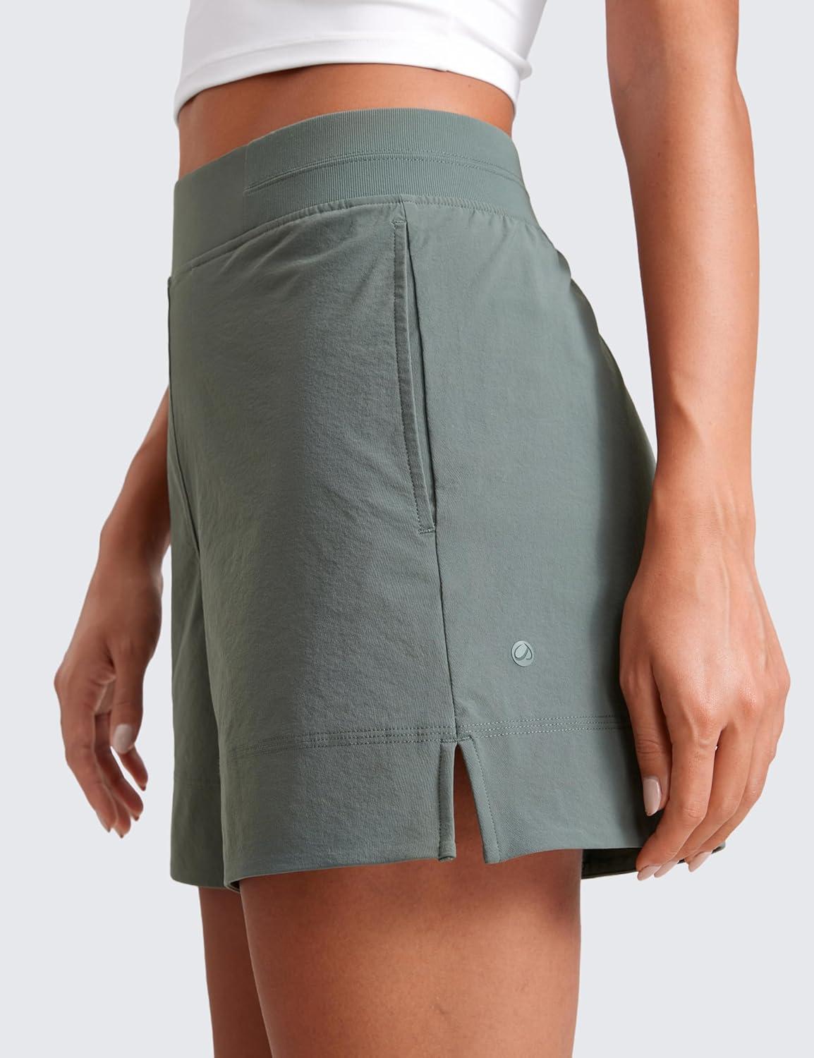 imageCRZ YOGA Stretch Womens Shorts Casual 4quot Linerless High Waisted V Slit for Athletic Hiking Dress Golf with PocketsGrey Sage