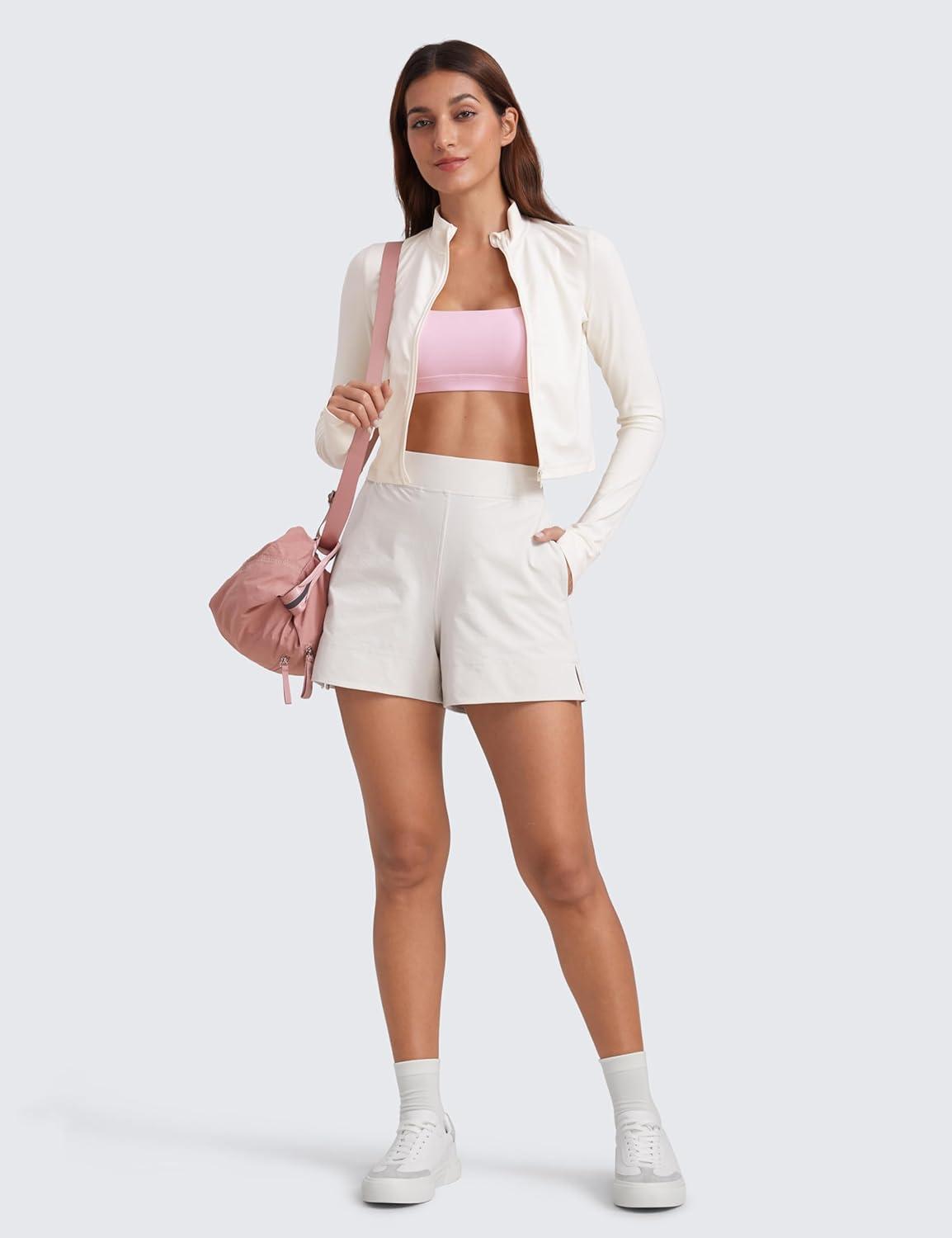 imageCRZ YOGA Stretch Womens Shorts Casual 4quot Linerless High Waisted V Slit for Athletic Hiking Dress Golf with PocketsMilky White Bone