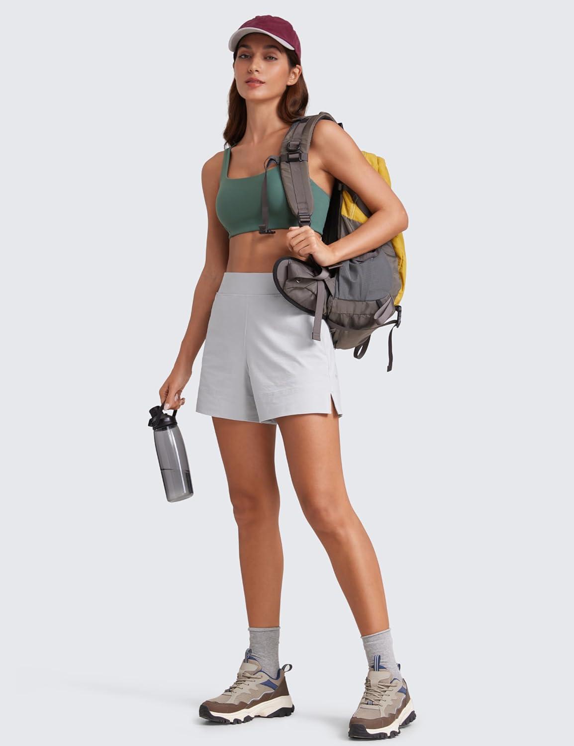 imageCRZ YOGA Stretch Womens Shorts Casual 4quot Linerless High Waisted V Slit for Athletic Hiking Dress Golf with PocketsPlatinum Grey