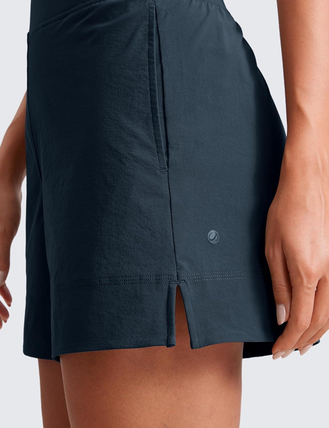 imageCRZ YOGA Stretch Womens Shorts Casual 4quot Linerless High Waisted V Slit for Athletic Hiking Dress Golf with PocketsTrue Navy