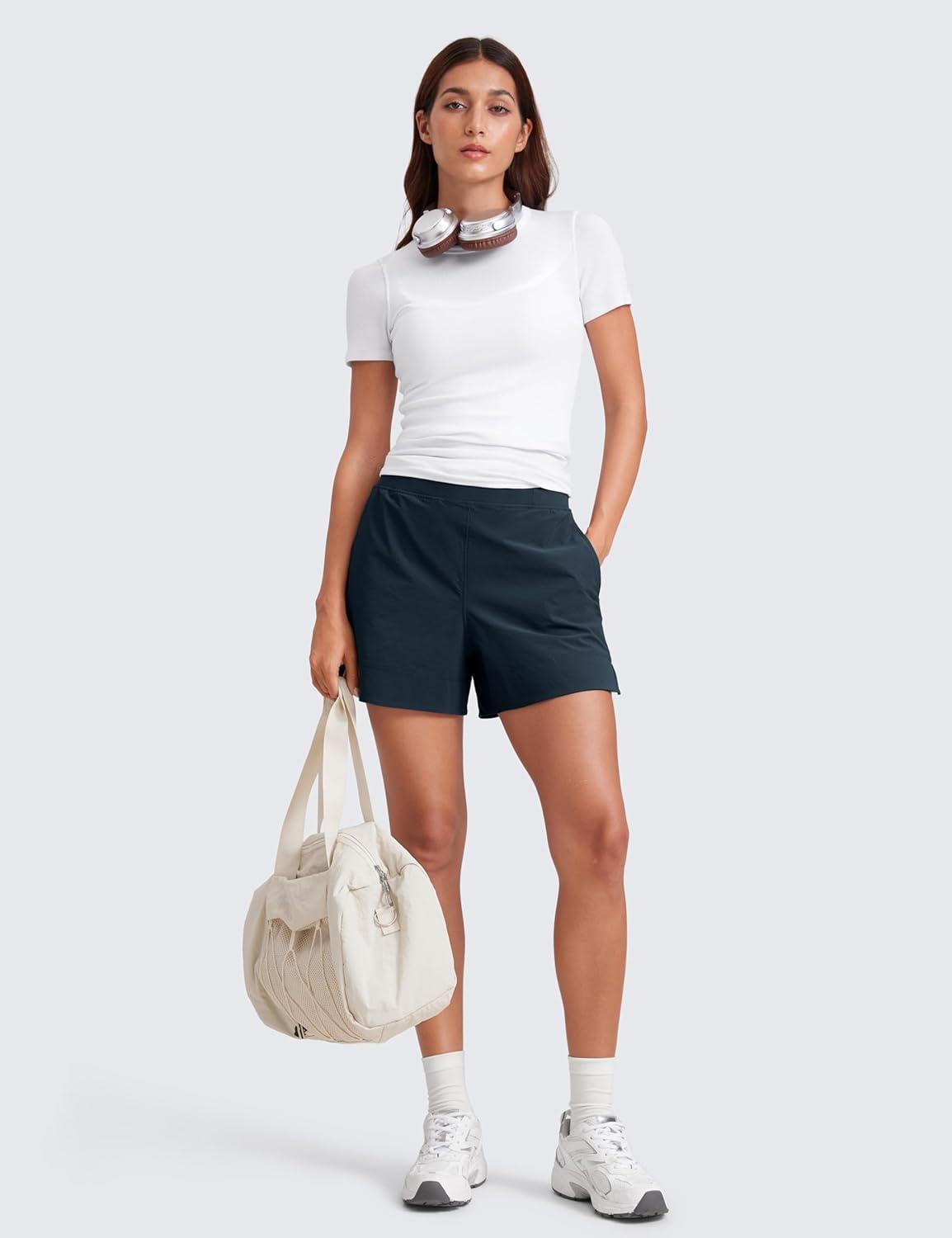 imageCRZ YOGA Stretch Womens Shorts Casual 4quot Linerless High Waisted V Slit for Athletic Hiking Dress Golf with PocketsTrue Navy