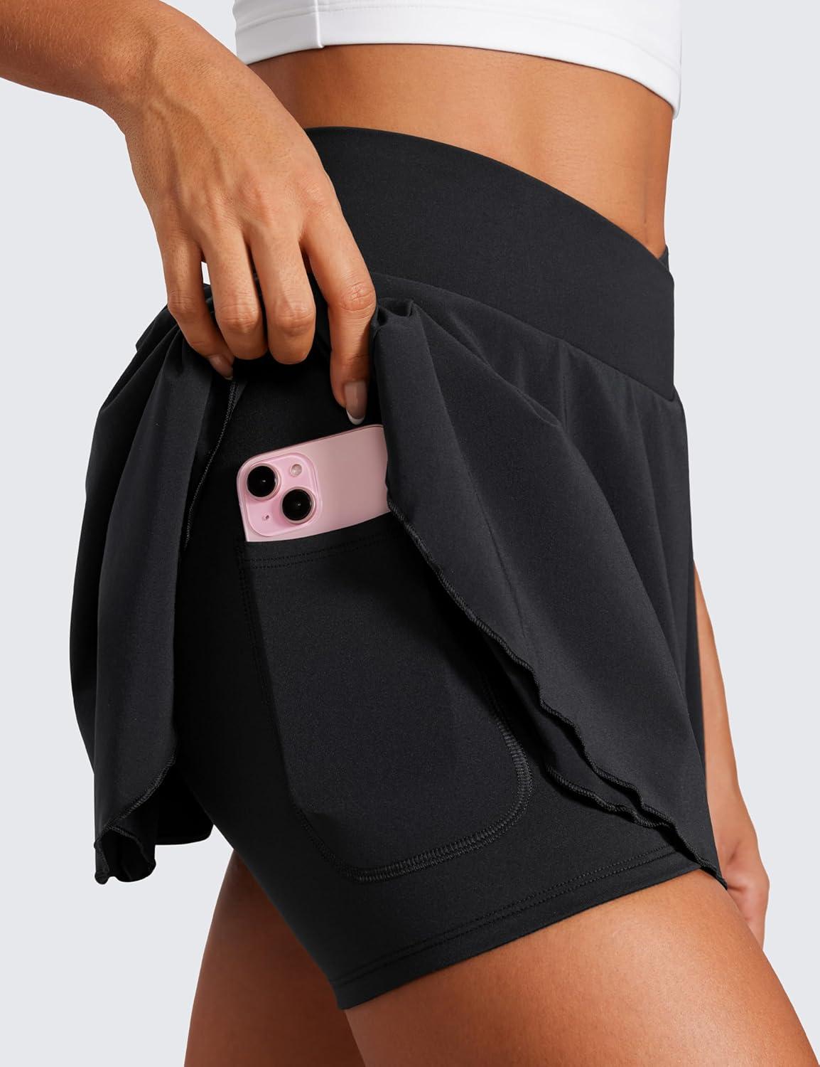 imageCRZ YOGA Tennis Skirts for Women Crossover High Waisted Ruffle Layered Workout Athletic Golf Skort with PocketsBlack