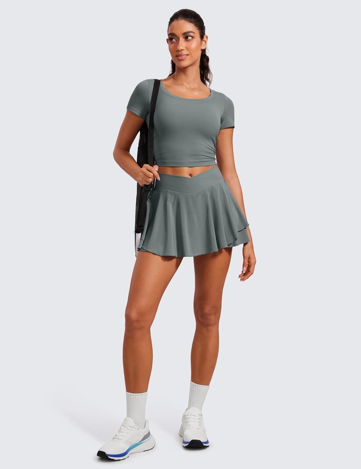 imageCRZ YOGA Tennis Skirts for Women Crossover High Waisted Ruffle Layered Workout Athletic Golf Skort with PocketsGrey Sage