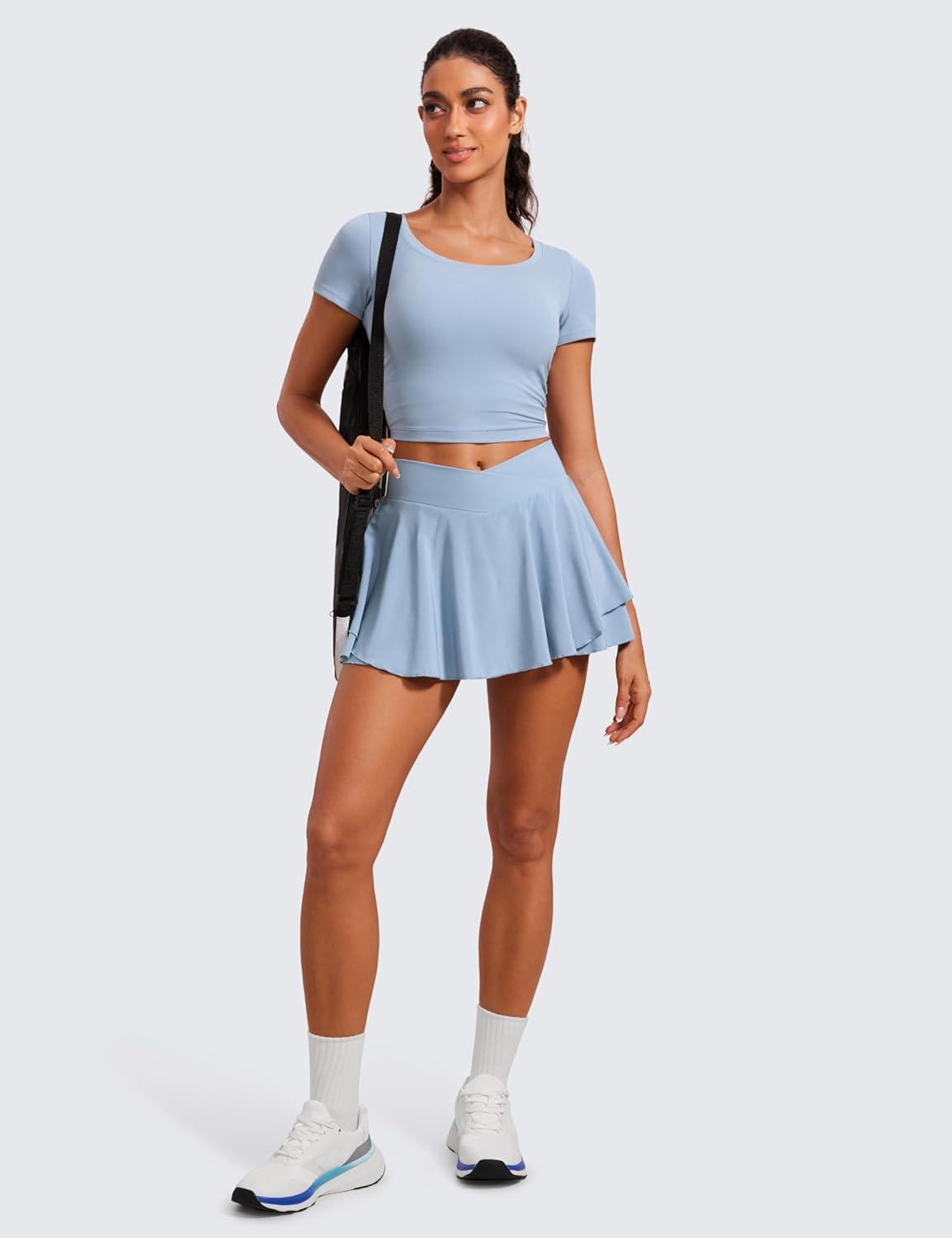 imageCRZ YOGA Tennis Skirts for Women Crossover High Waisted Ruffle Layered Workout Athletic Golf Skort with PocketsThe Breeze Blue