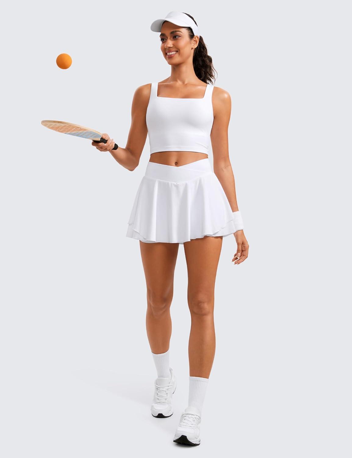imageCRZ YOGA Tennis Skirts for Women Crossover High Waisted Ruffle Layered Workout Athletic Golf Skort with PocketsWhite