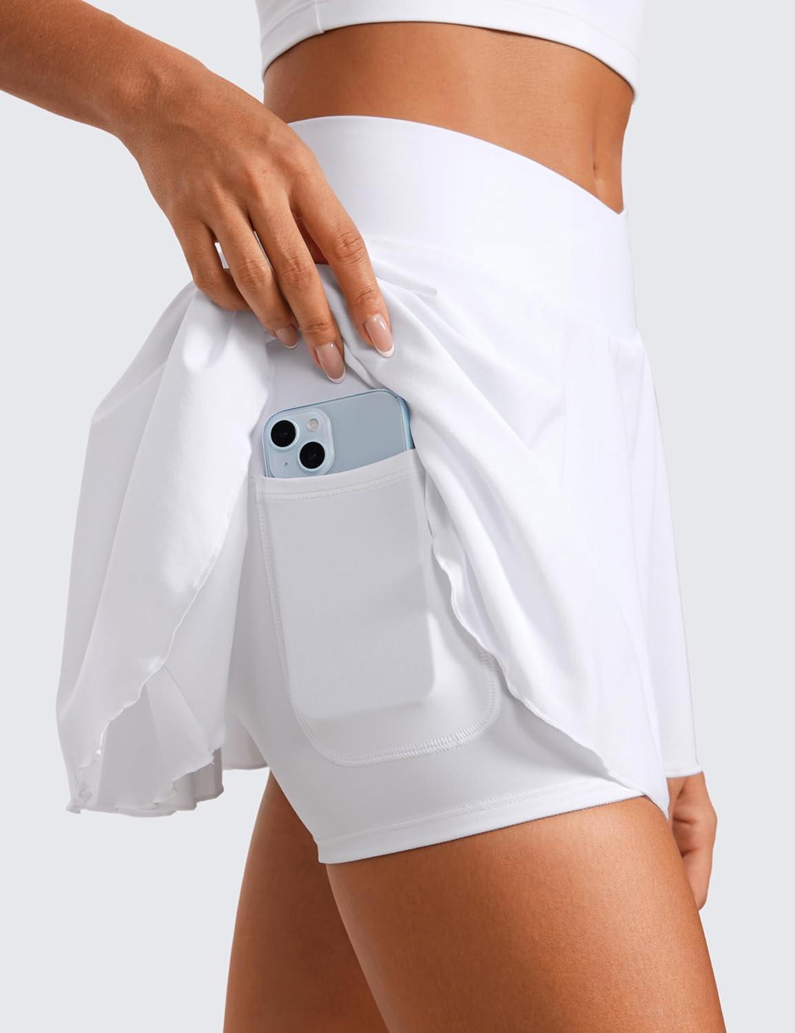 imageCRZ YOGA Tennis Skirts for Women Crossover High Waisted Ruffle Layered Workout Athletic Golf Skort with PocketsWhite