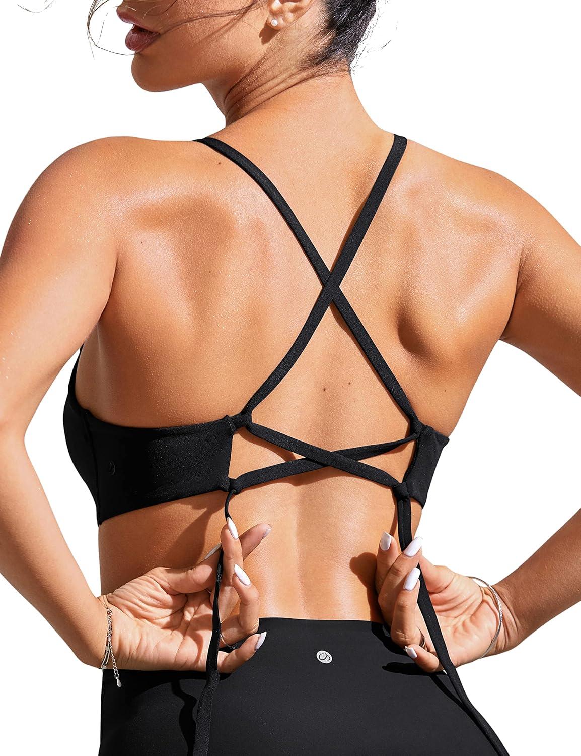 imageCRZ YOGA Tie Back Bikini Tops for Women Padded Lace Up V Neck Swim Bathing Suit BraBlack