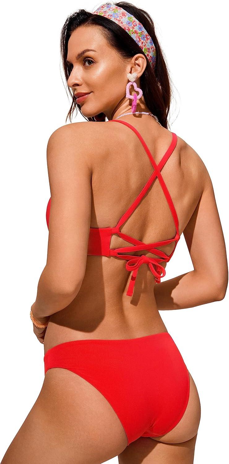 imageCRZ YOGA Tie Back Bikini Tops for Women Padded Lace Up V Neck Swim Bathing Suit BraDark Red