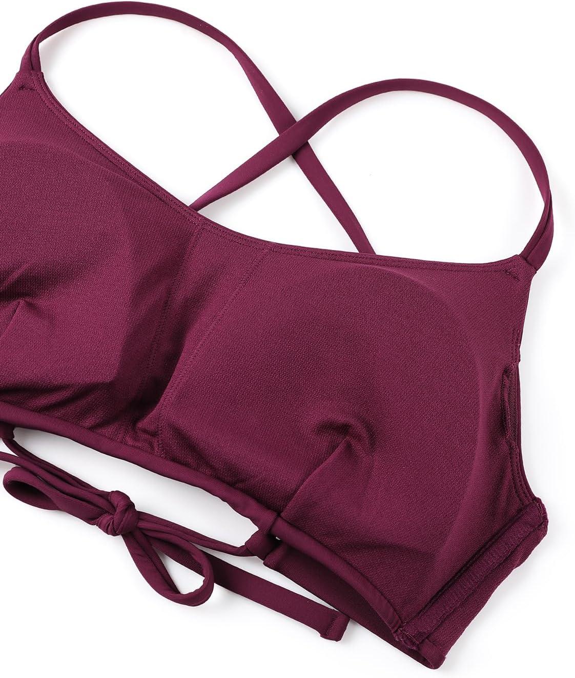 imageCRZ YOGA Tie Back Bikini Tops for Women Padded Lace Up V Neck Swim Bathing Suit BraFuchsia