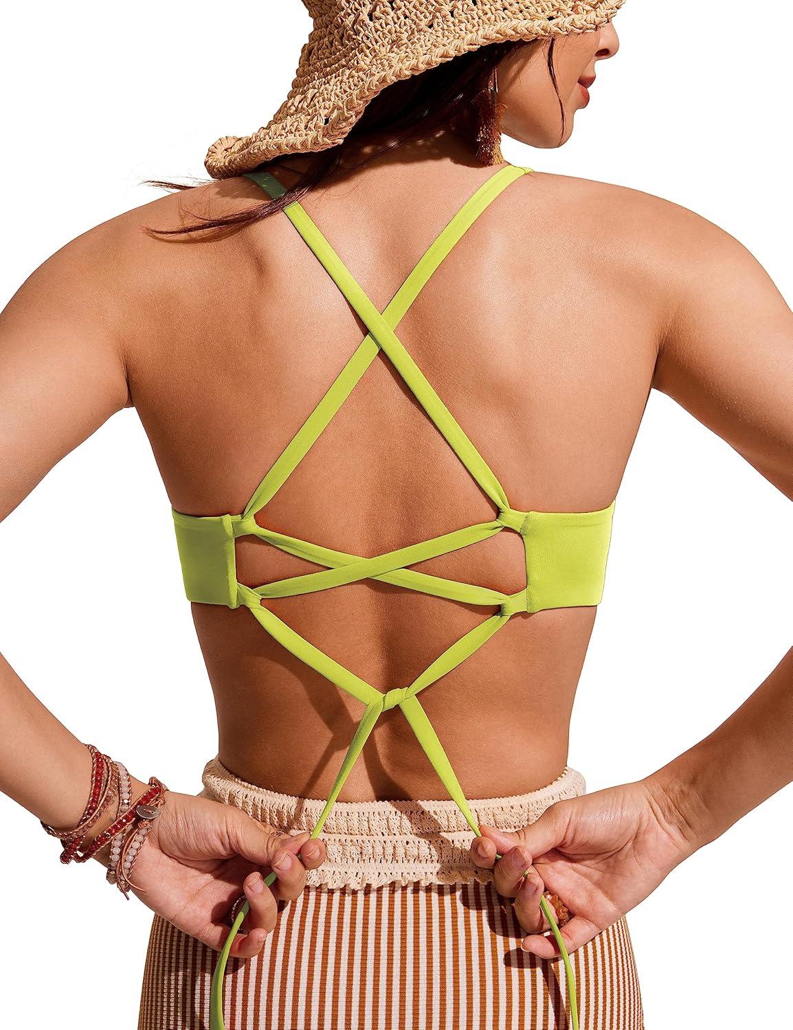 imageCRZ YOGA Tie Back Bikini Tops for Women Padded Lace Up V Neck Swim Bathing Suit BraPrimrose Yellow