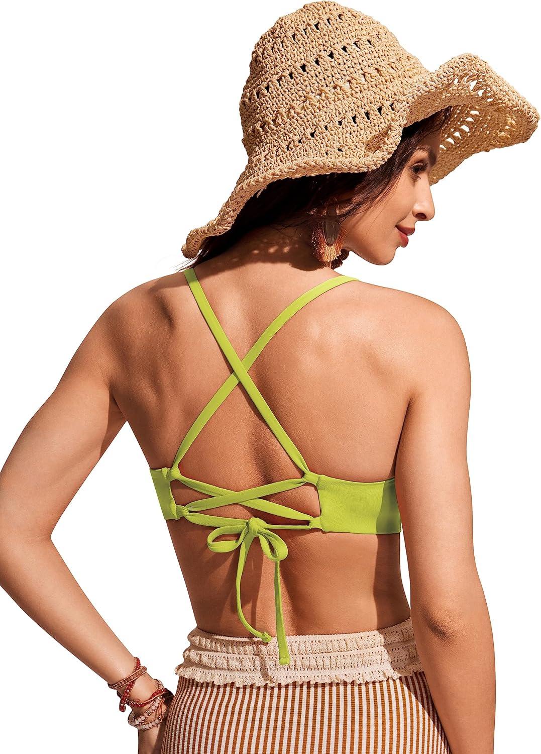 imageCRZ YOGA Tie Back Bikini Tops for Women Padded Lace Up V Neck Swim Bathing Suit BraPrimrose Yellow