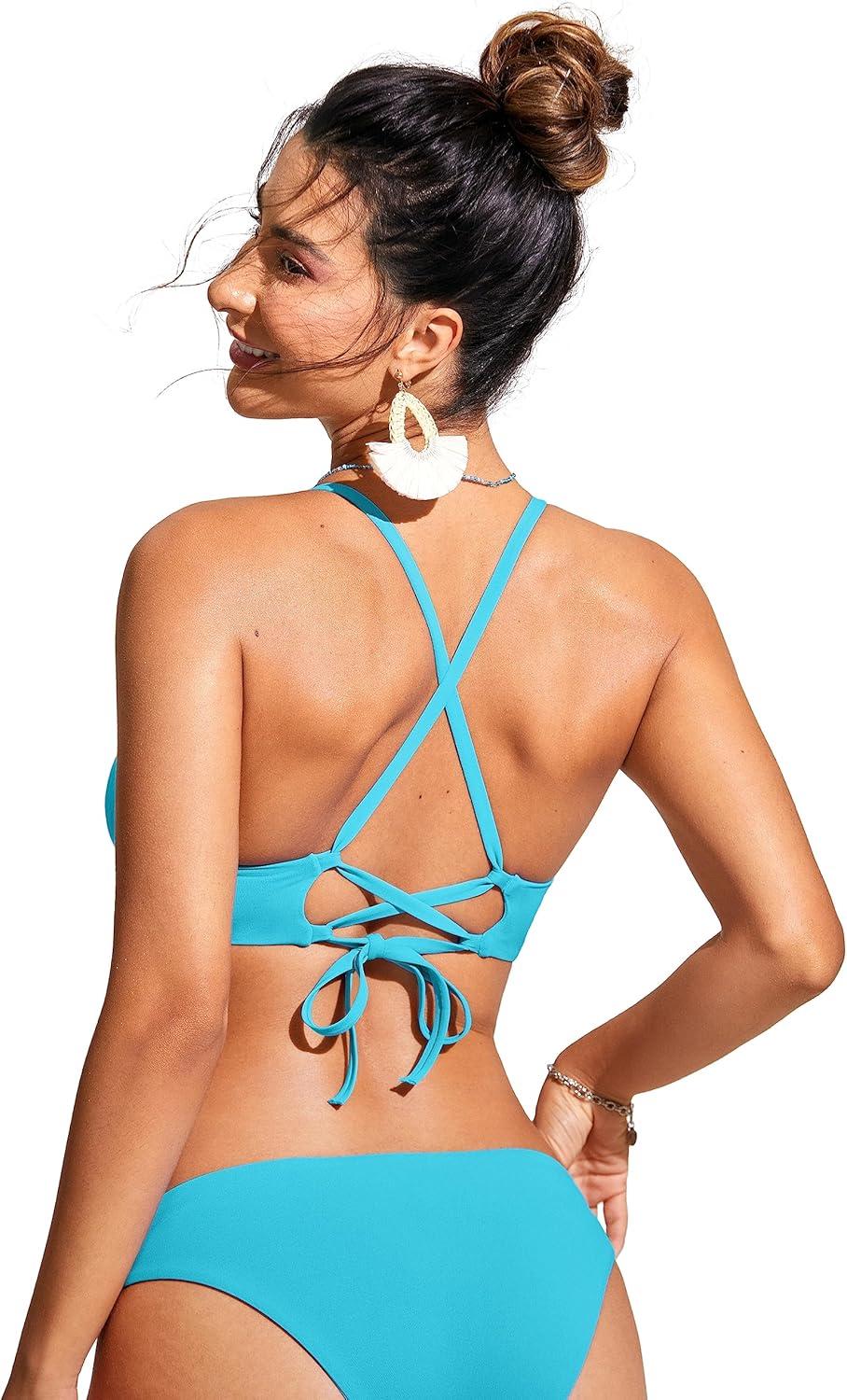 imageCRZ YOGA Tie Back Bikini Tops for Women Padded Lace Up V Neck Swim Bathing Suit BraTurquoise