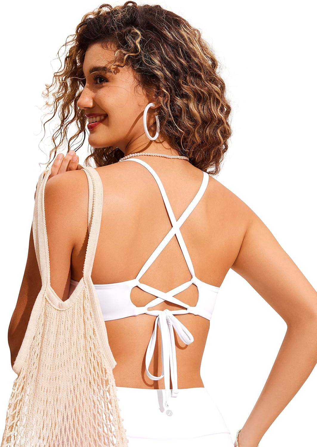 imageCRZ YOGA Tie Back Bikini Tops for Women Padded Lace Up V Neck Swim Bathing Suit BraWhite
