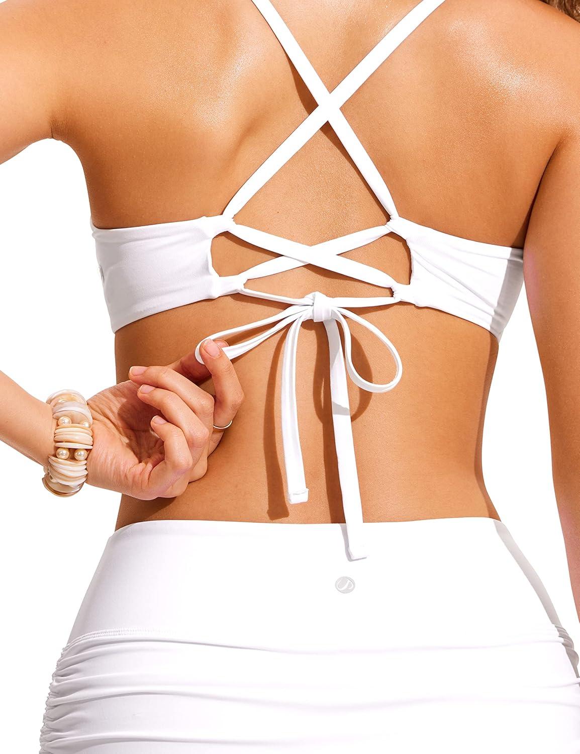 imageCRZ YOGA Tie Back Bikini Tops for Women Padded Lace Up V Neck Swim Bathing Suit BraWhite