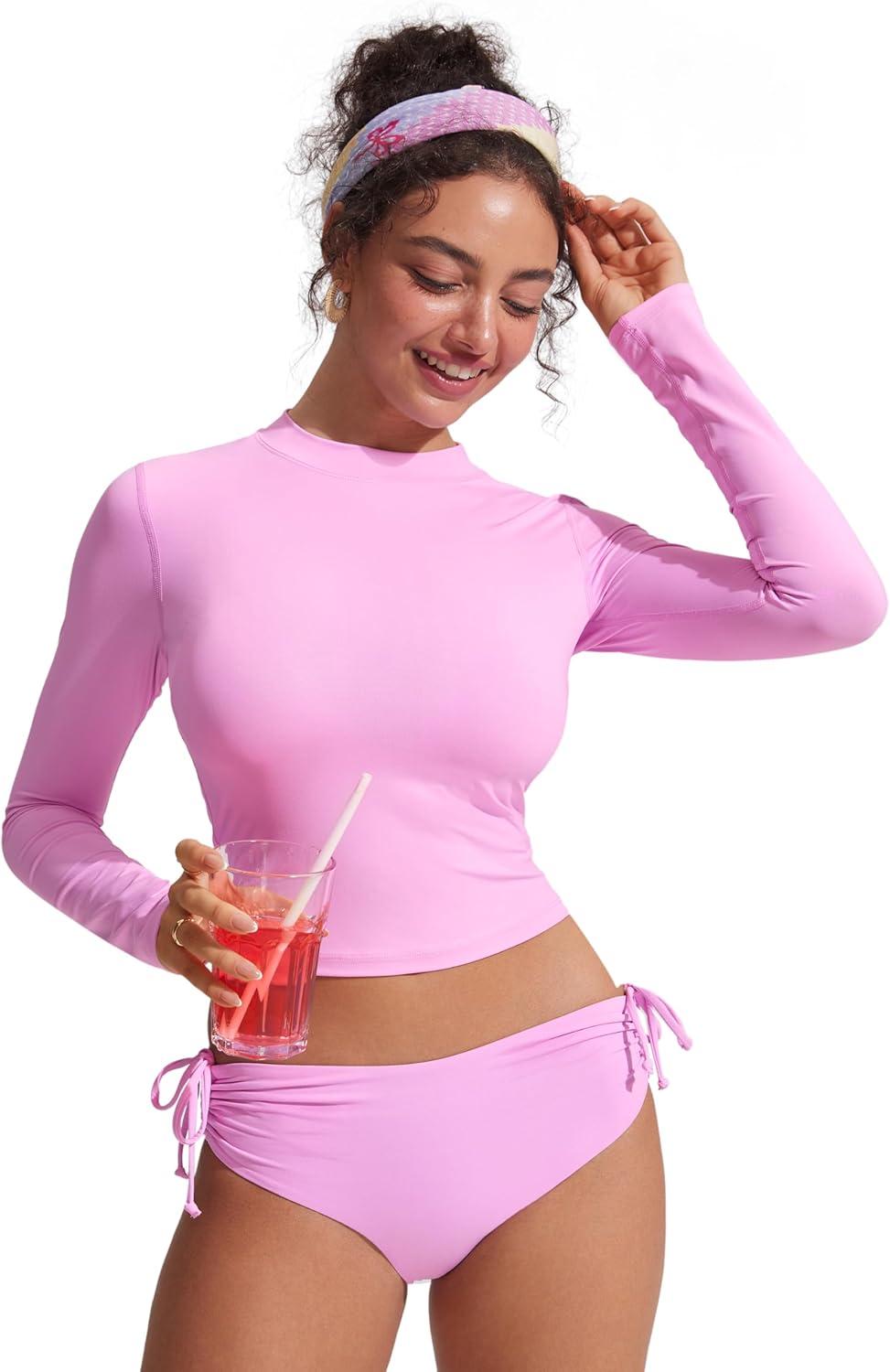 imageCRZ YOGA UPF 50 Cropped Rash Guard Shirts for Women Long Sleeve UV Sun Protection Swim Rashguard TopsVita Pink