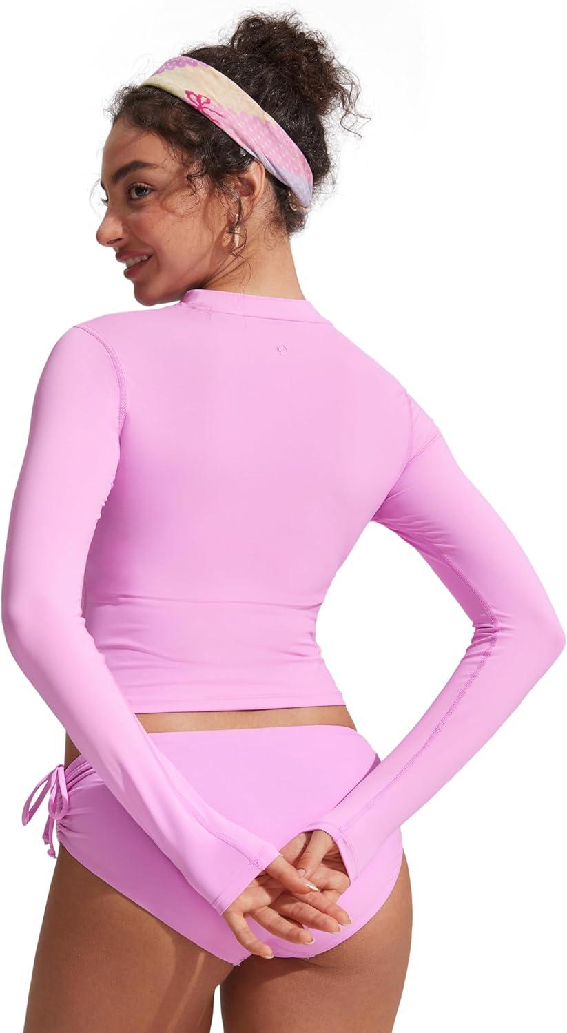 imageCRZ YOGA UPF 50 Cropped Rash Guard Shirts for Women Long Sleeve UV Sun Protection Swim Rashguard TopsVita Pink