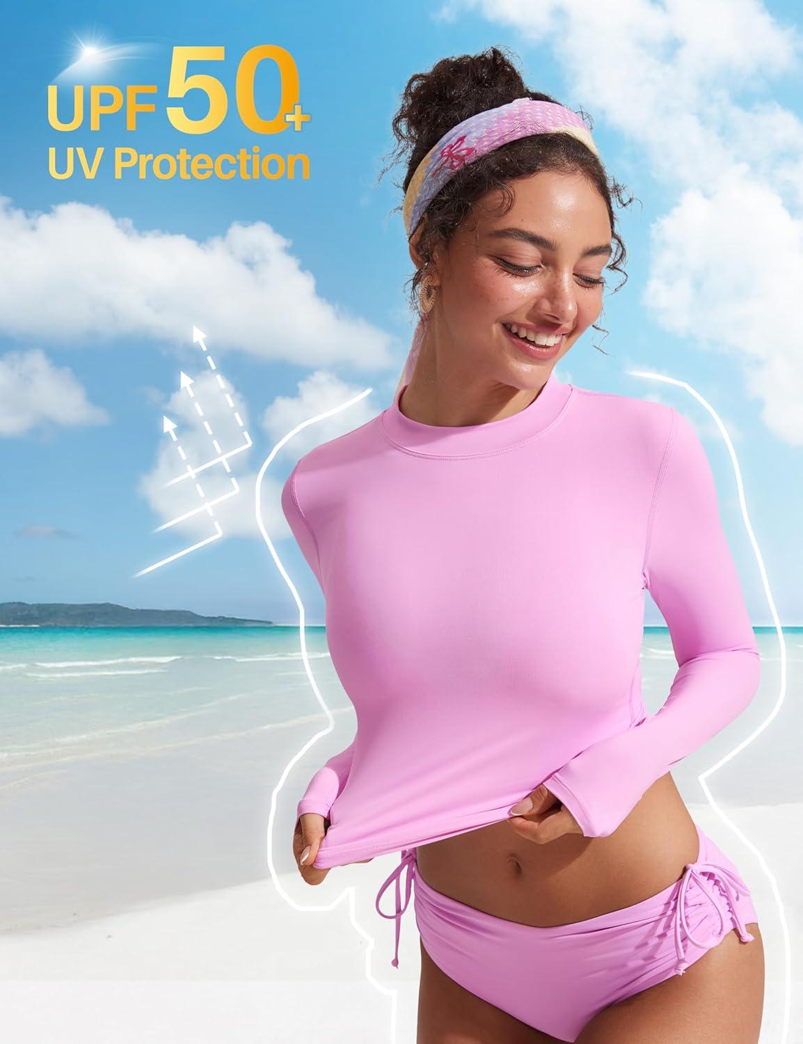 imageCRZ YOGA UPF 50 Cropped Rash Guard Shirts for Women Long Sleeve UV Sun Protection Swim Rashguard TopsVita Pink
