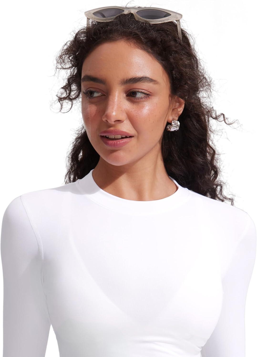 imageCRZ YOGA UPF 50 Cropped Rash Guard Shirts for Women Long Sleeve UV Sun Protection Swim Rashguard TopsWhite