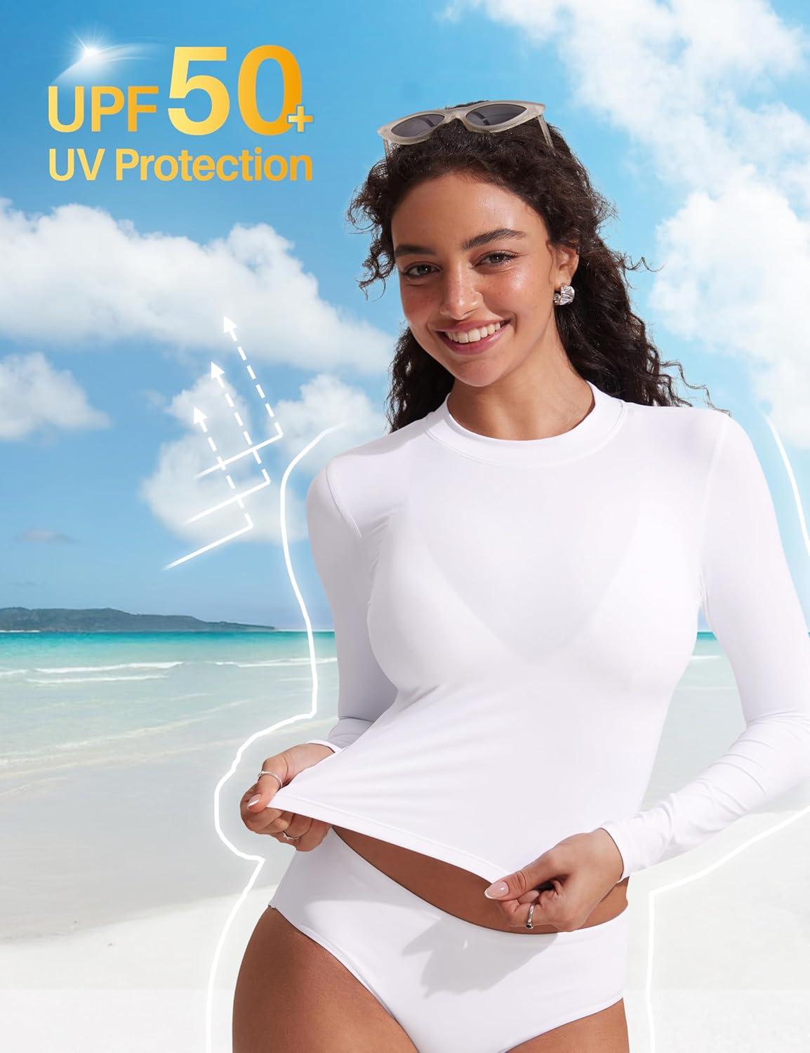 imageCRZ YOGA UPF 50 Cropped Rash Guard Shirts for Women Long Sleeve UV Sun Protection Swim Rashguard TopsWhite