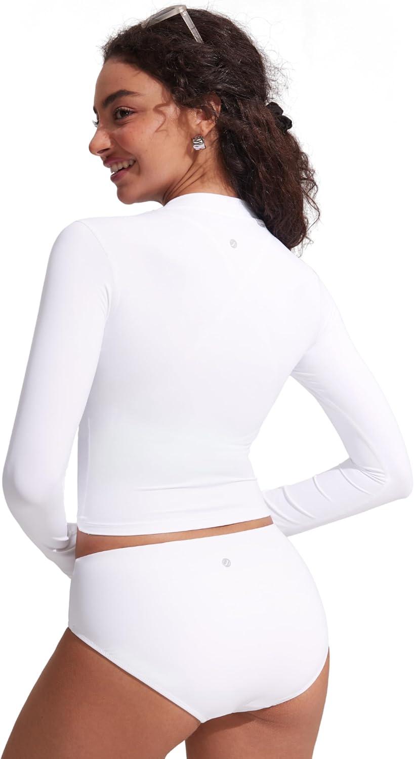 imageCRZ YOGA UPF 50 Cropped Rash Guard Shirts for Women Long Sleeve UV Sun Protection Swim Rashguard TopsWhite