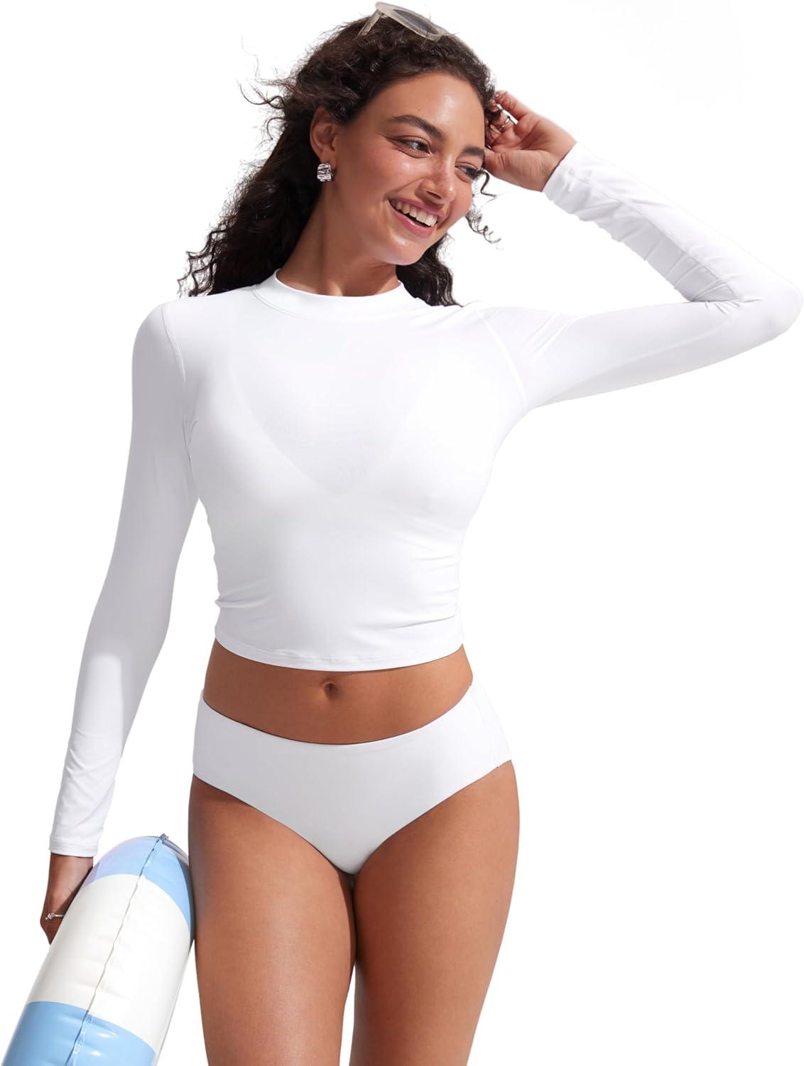 imageCRZ YOGA UPF 50 Cropped Rash Guard Shirts for Women Long Sleeve UV Sun Protection Swim Rashguard TopsWhite