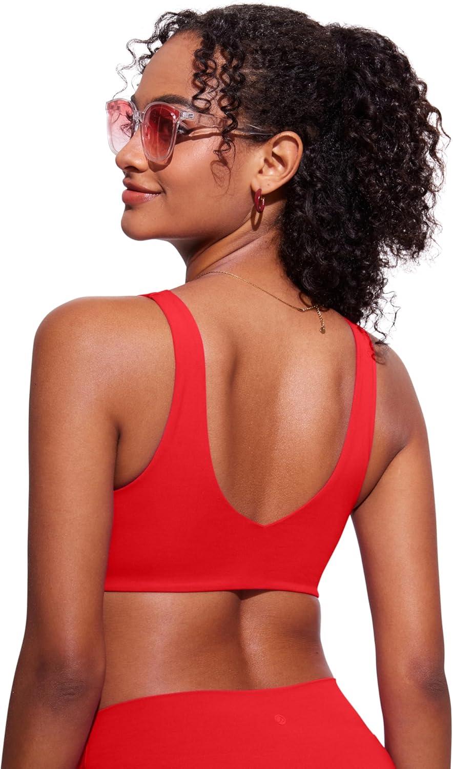 imageCRZ YOGA V Shaped Bikini Tops for Women Padded Bathing Suit V Back Wide Straps Swim Bra SwimsuitDeep Red