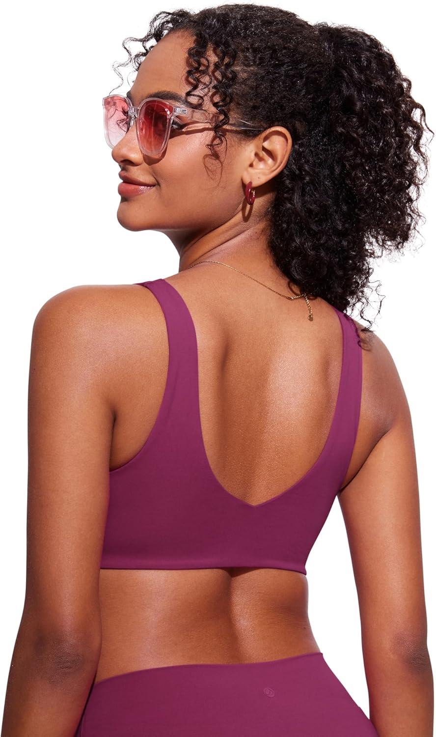 imageCRZ YOGA V Shaped Bikini Tops for Women Padded Bathing Suit V Back Wide Straps Swim Bra SwimsuitFuchsia