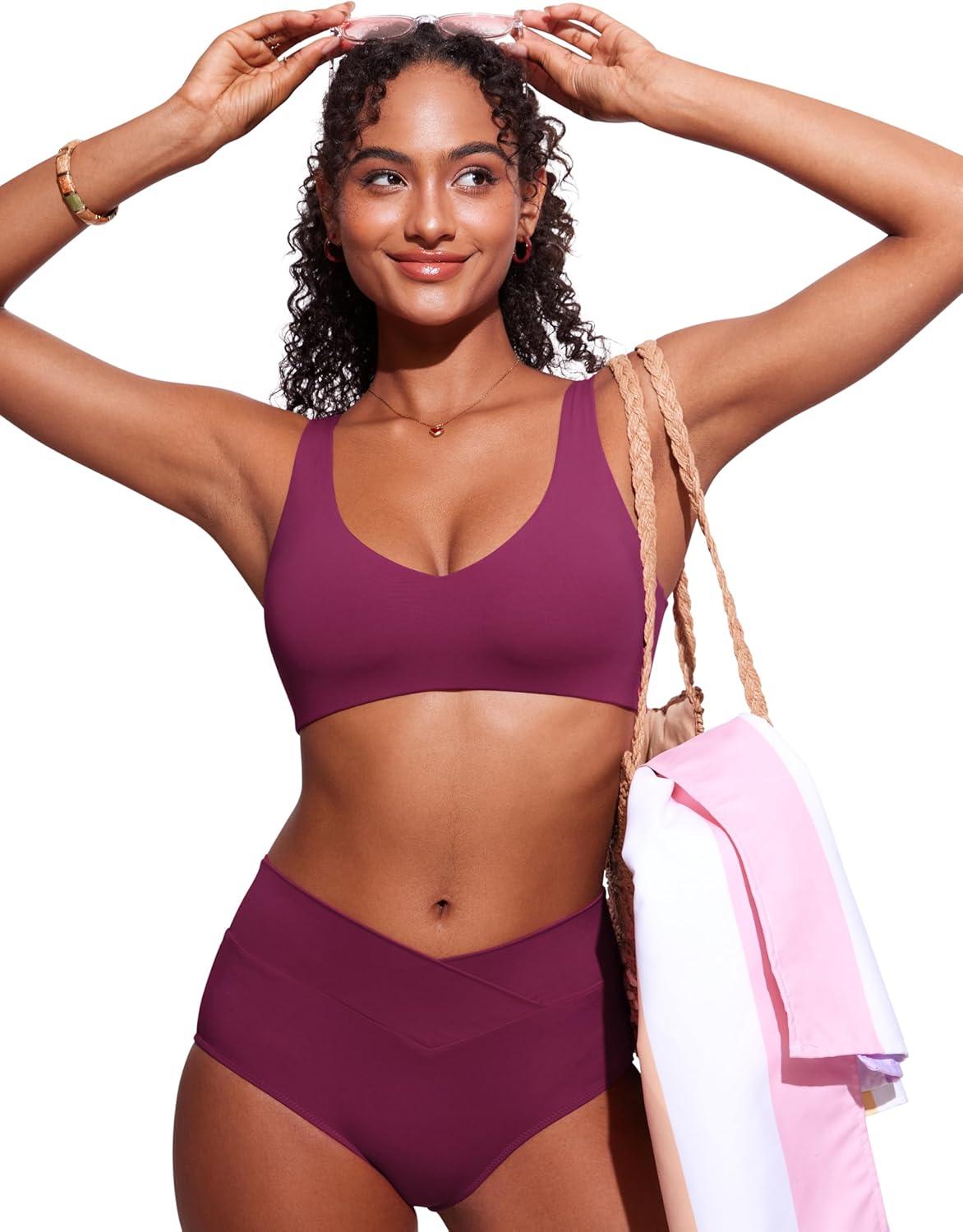 imageCRZ YOGA V Shaped Bikini Tops for Women Padded Bathing Suit V Back Wide Straps Swim Bra SwimsuitFuchsia