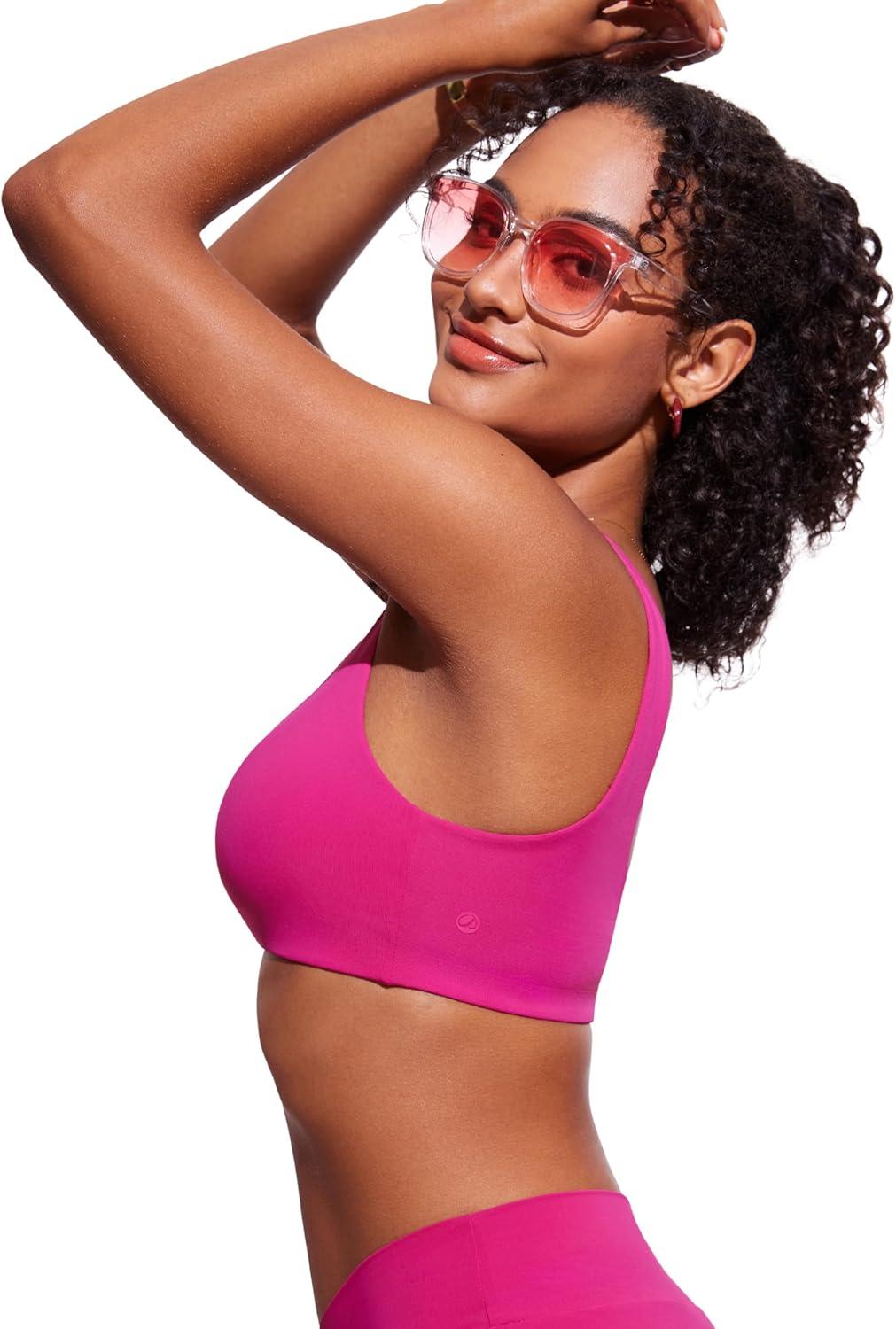 imageCRZ YOGA V Shaped Bikini Tops for Women Padded Bathing Suit V Back Wide Straps Swim Bra SwimsuitGranita Pink