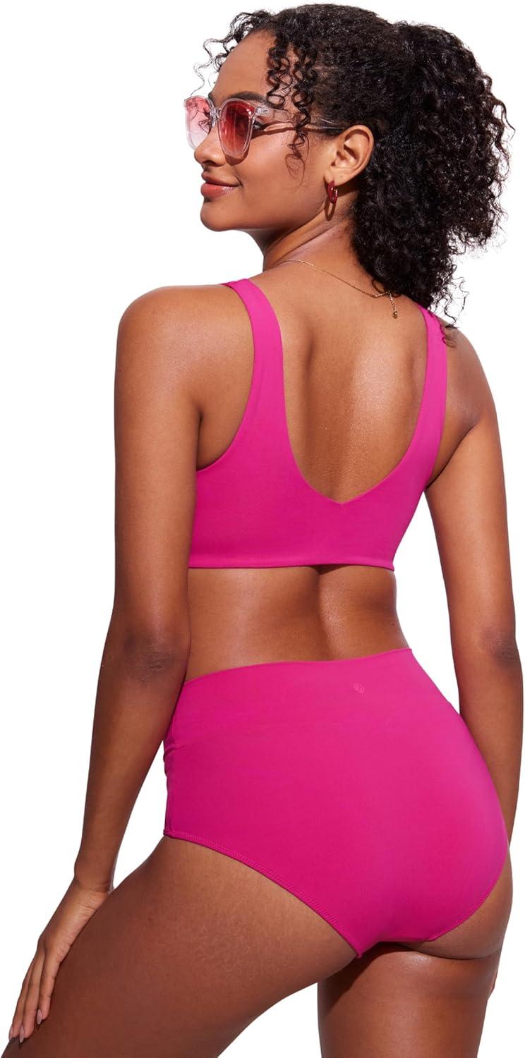 imageCRZ YOGA V Shaped Bikini Tops for Women Padded Bathing Suit V Back Wide Straps Swim Bra SwimsuitGranita Pink