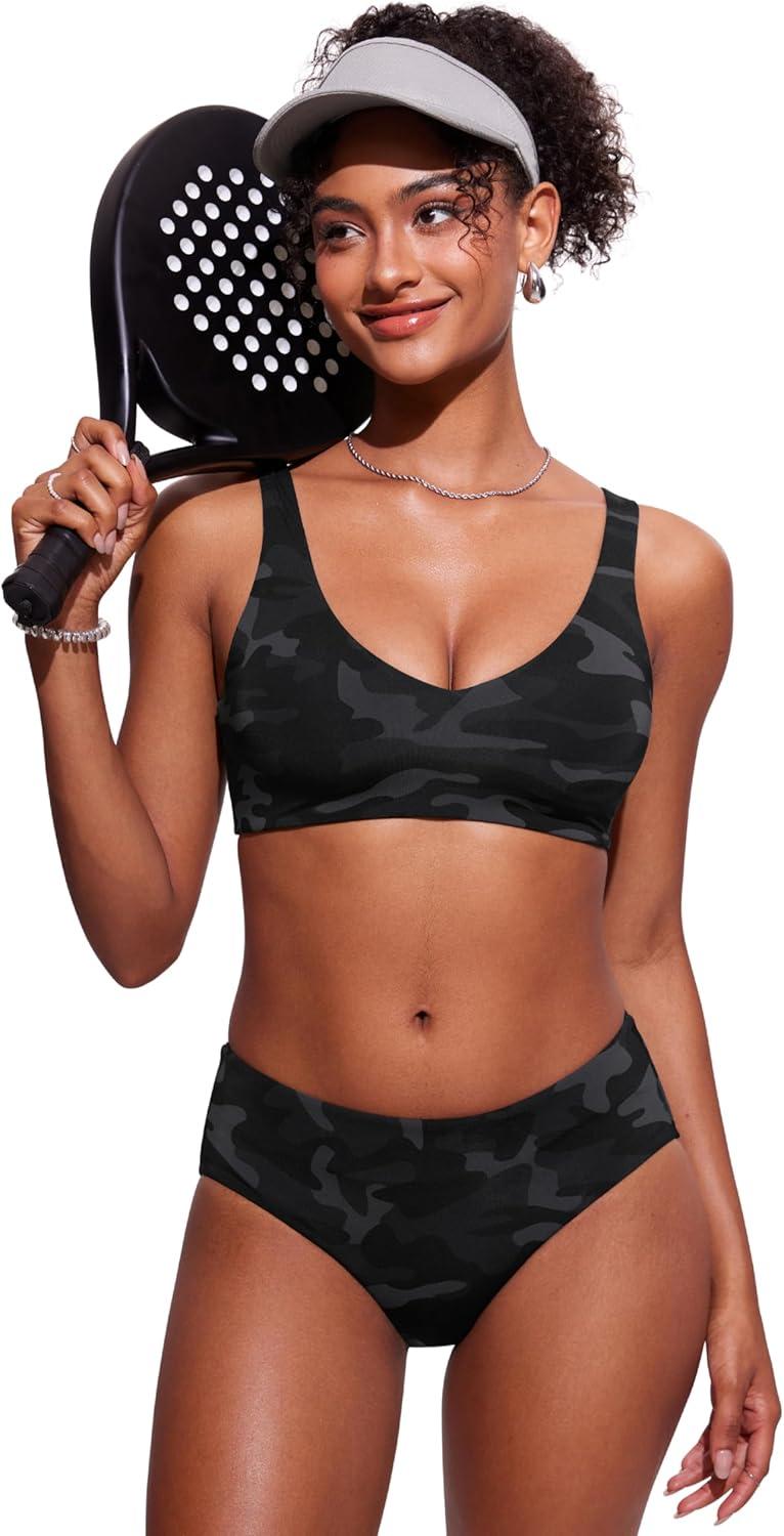 imageCRZ YOGA V Shaped Bikini Tops for Women Padded Bathing Suit V Back Wide Straps Swim Bra SwimsuitJungle Camouflage Gray