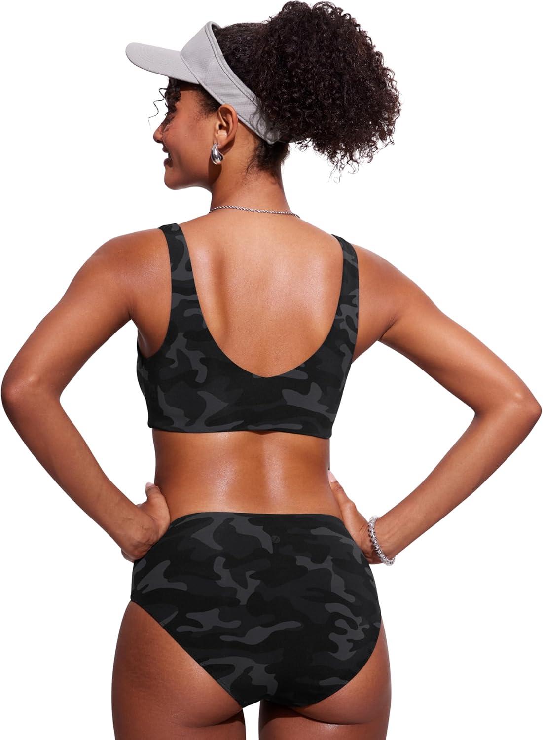 imageCRZ YOGA V Shaped Bikini Tops for Women Padded Bathing Suit V Back Wide Straps Swim Bra SwimsuitJungle Camouflage Gray