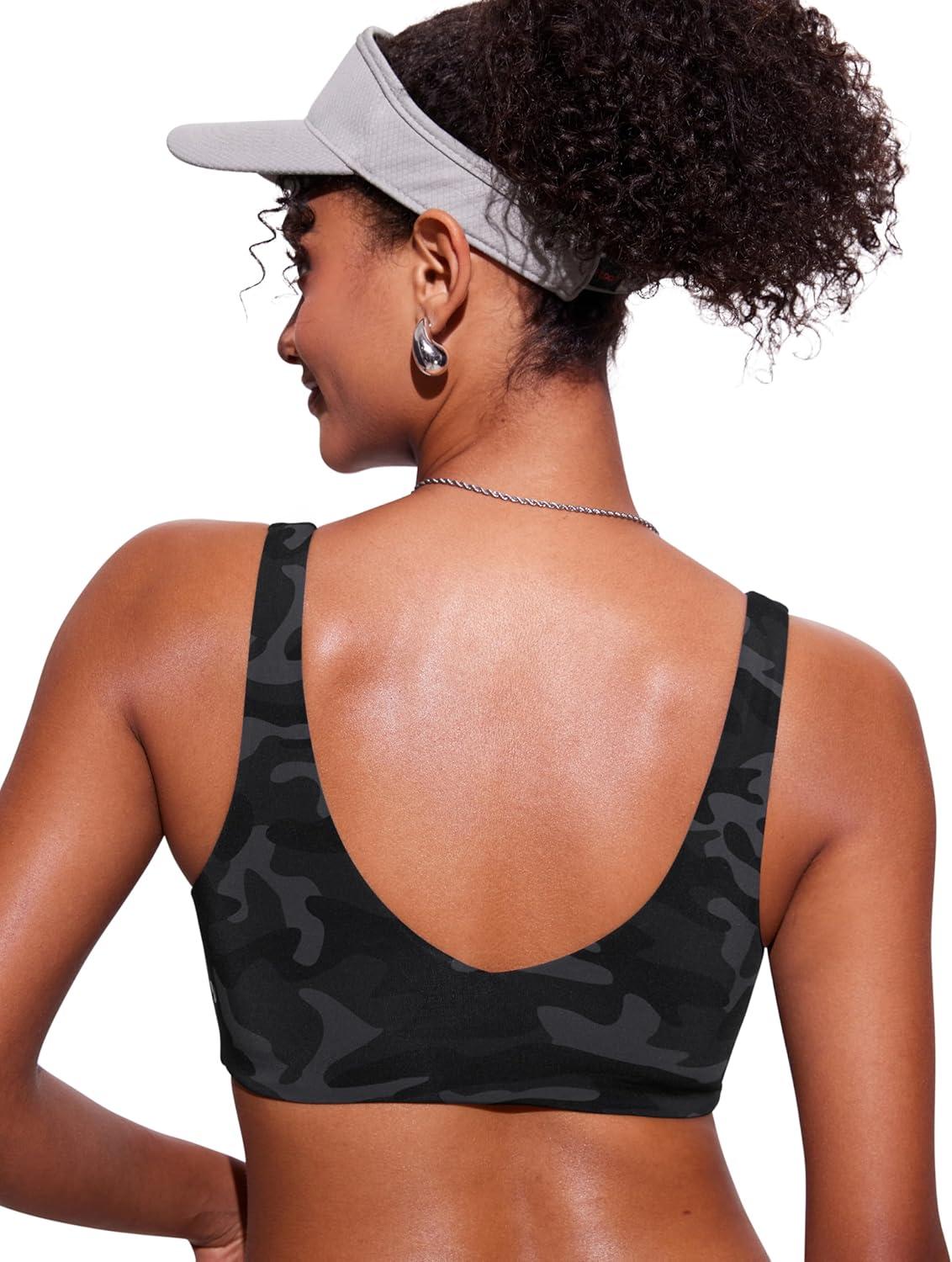 imageCRZ YOGA V Shaped Bikini Tops for Women Padded Bathing Suit V Back Wide Straps Swim Bra SwimsuitJungle Camouflage Gray