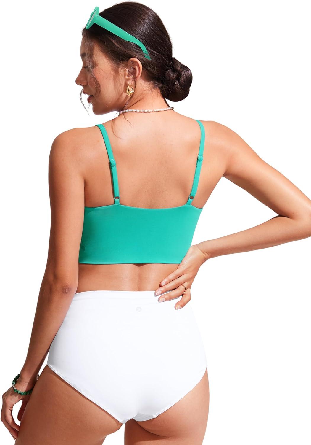 imageCRZ YOGA V Shaped Longline Bikini Tops for Women Padded Cropped Adjustable Spaghetti Straps Swimsuit Athletic Bathing SuitBlarney Green