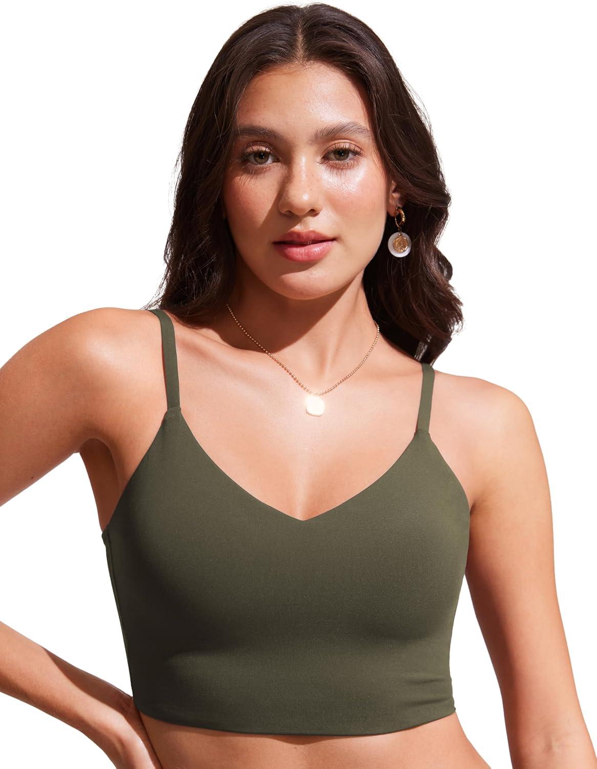 imageCRZ YOGA V Shaped Longline Bikini Tops for Women Padded Cropped Adjustable Spaghetti Straps Swimsuit Athletic Bathing SuitDark Olive