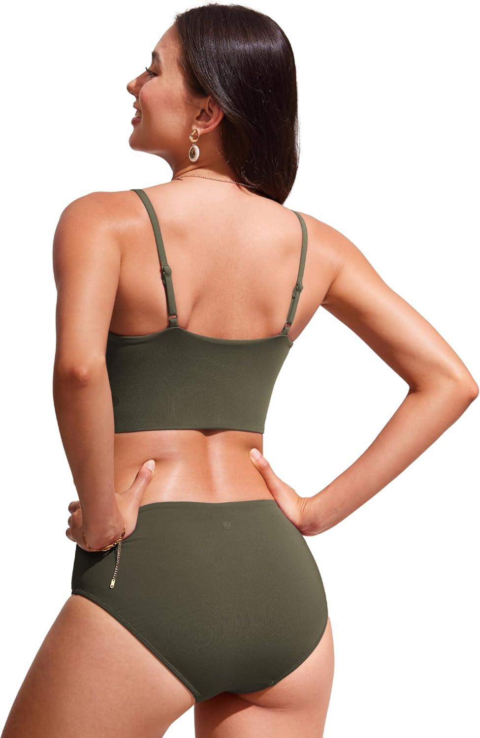 imageCRZ YOGA V Shaped Longline Bikini Tops for Women Padded Cropped Adjustable Spaghetti Straps Swimsuit Athletic Bathing SuitDark Olive