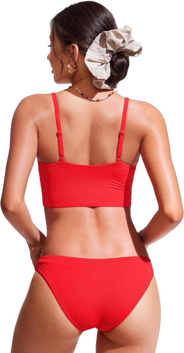 imageCRZ YOGA V Shaped Longline Bikini Tops for Women Padded Cropped Adjustable Spaghetti Straps Swimsuit Athletic Bathing SuitDeep Red