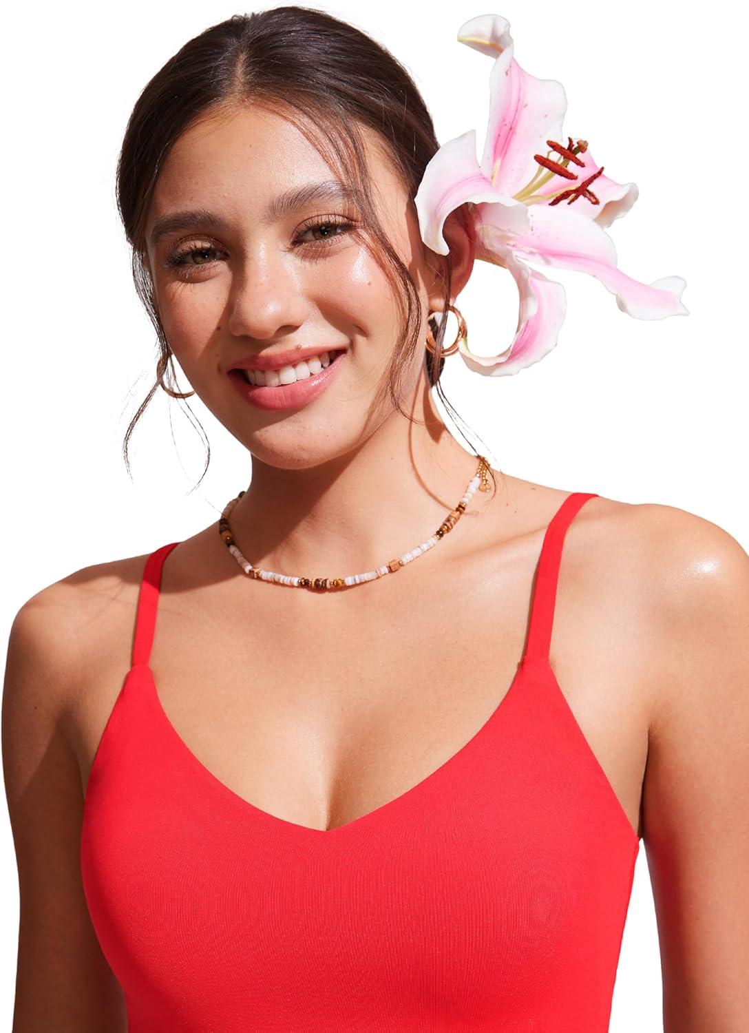 imageCRZ YOGA V Shaped Longline Bikini Tops for Women Padded Cropped Adjustable Spaghetti Straps Swimsuit Athletic Bathing SuitDeep Red