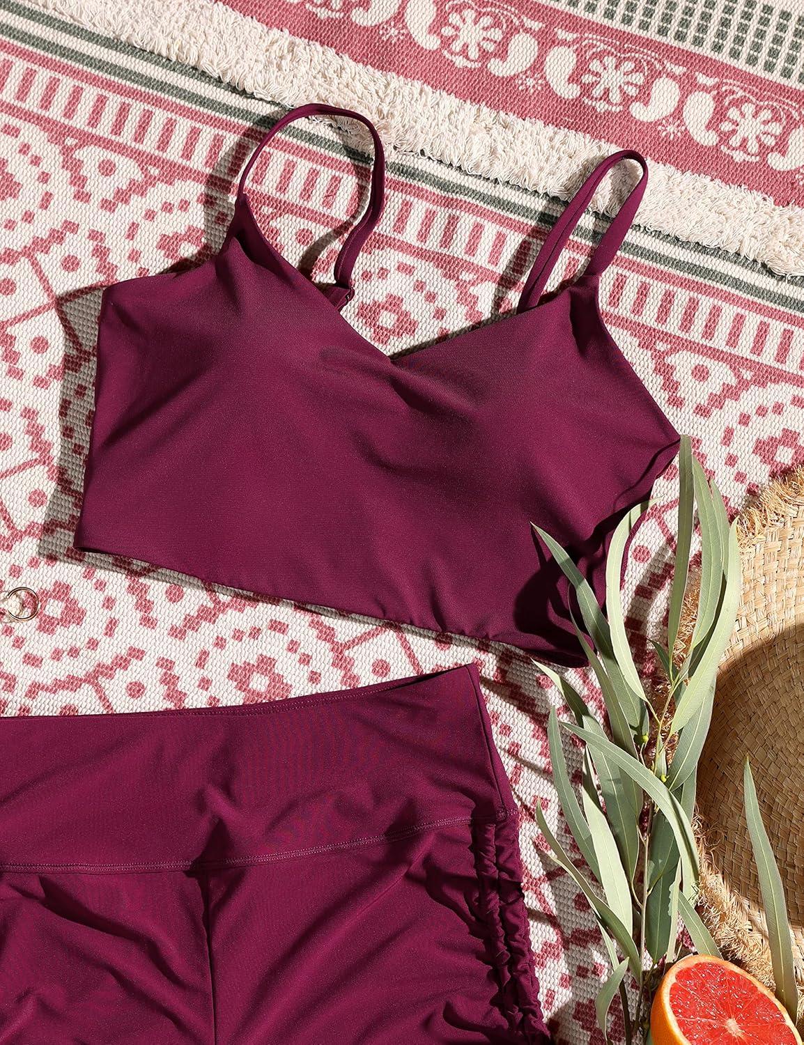 imageCRZ YOGA V Shaped Longline Bikini Tops for Women Padded Cropped Adjustable Spaghetti Straps Swimsuit Athletic Bathing SuitFuchsia