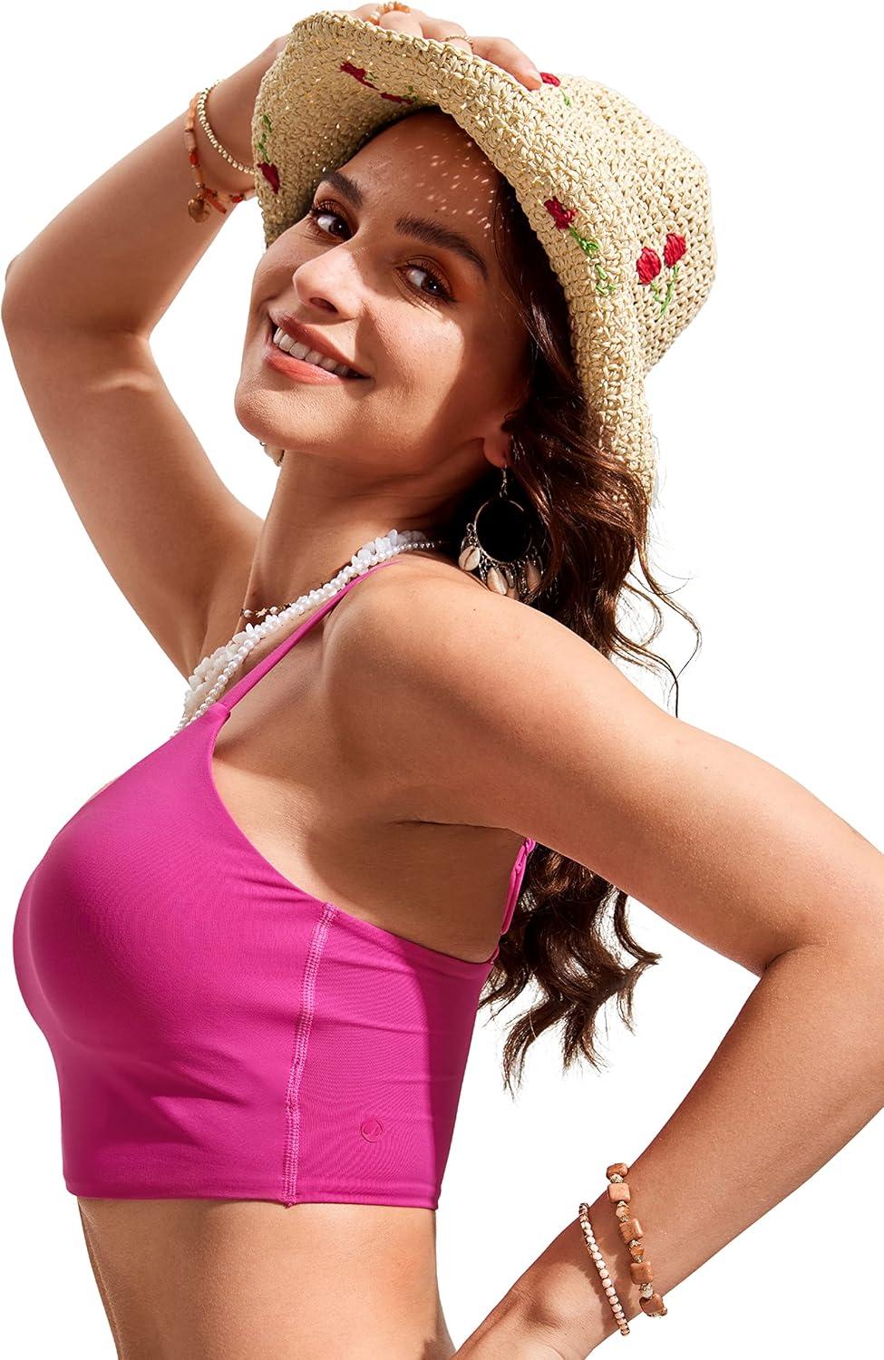 imageCRZ YOGA V Shaped Longline Bikini Tops for Women Padded Cropped Adjustable Spaghetti Straps Swimsuit Athletic Bathing SuitHibiscus Purple