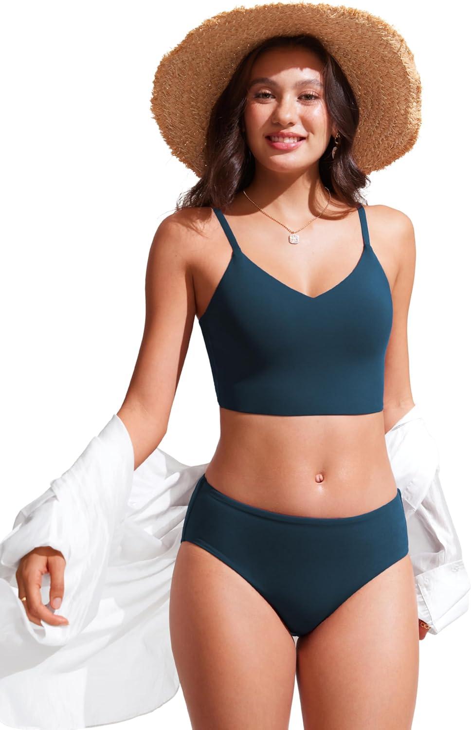 imageCRZ YOGA V Shaped Longline Bikini Tops for Women Padded Cropped Adjustable Spaghetti Straps Swimsuit Athletic Bathing SuitInsignia Blue